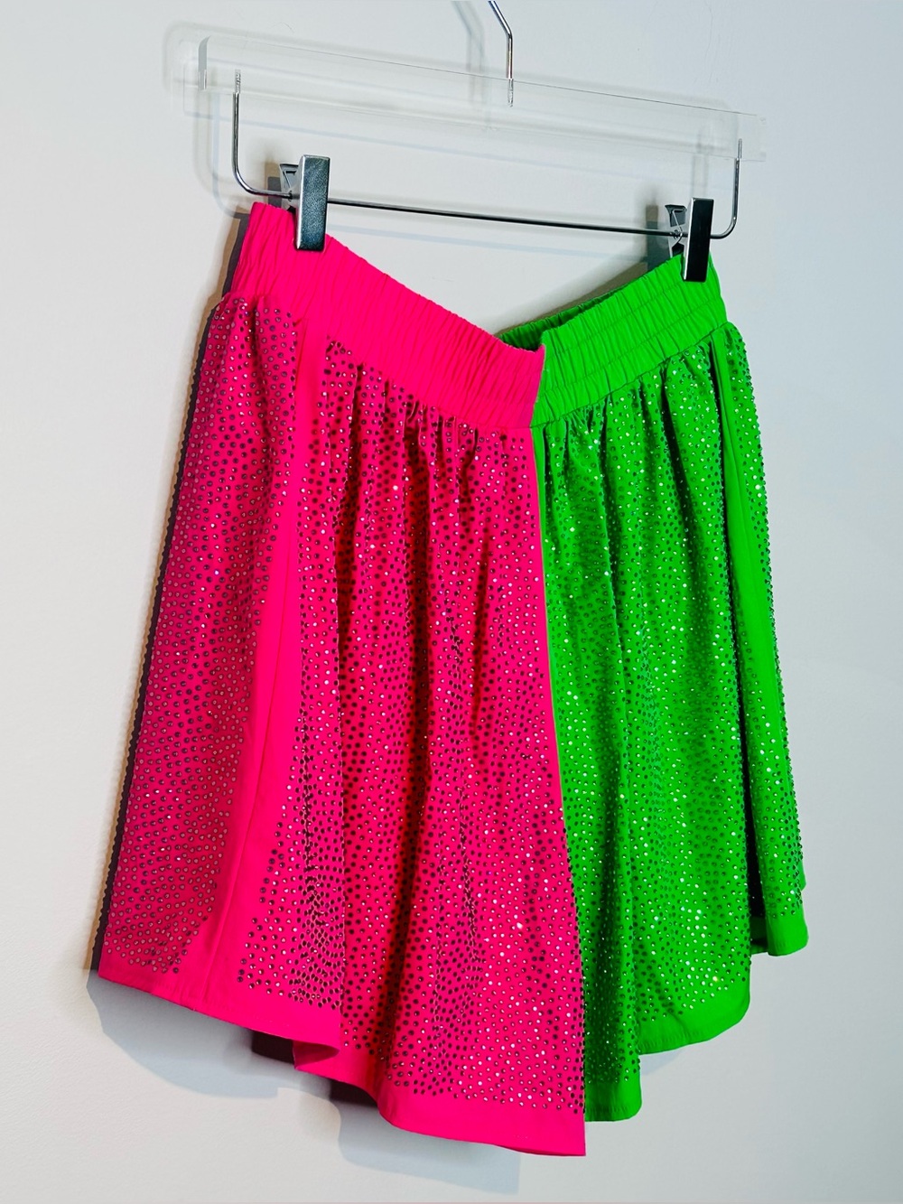 Queen of Sparkles Colorblock Rhinestone Pink Green Pull On Shorts - Picture 5 of 12